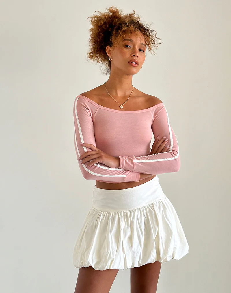 Gavya Bardot Long Sleeve Top in Pink Lady with White Stripe - Image 3