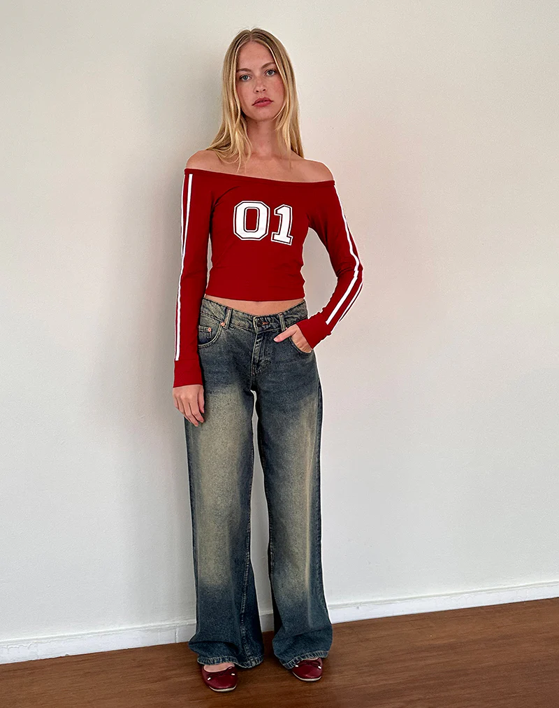 Gavya Long Sleeve Bardot Top In Adrenaline Red with White Piping - Image 3