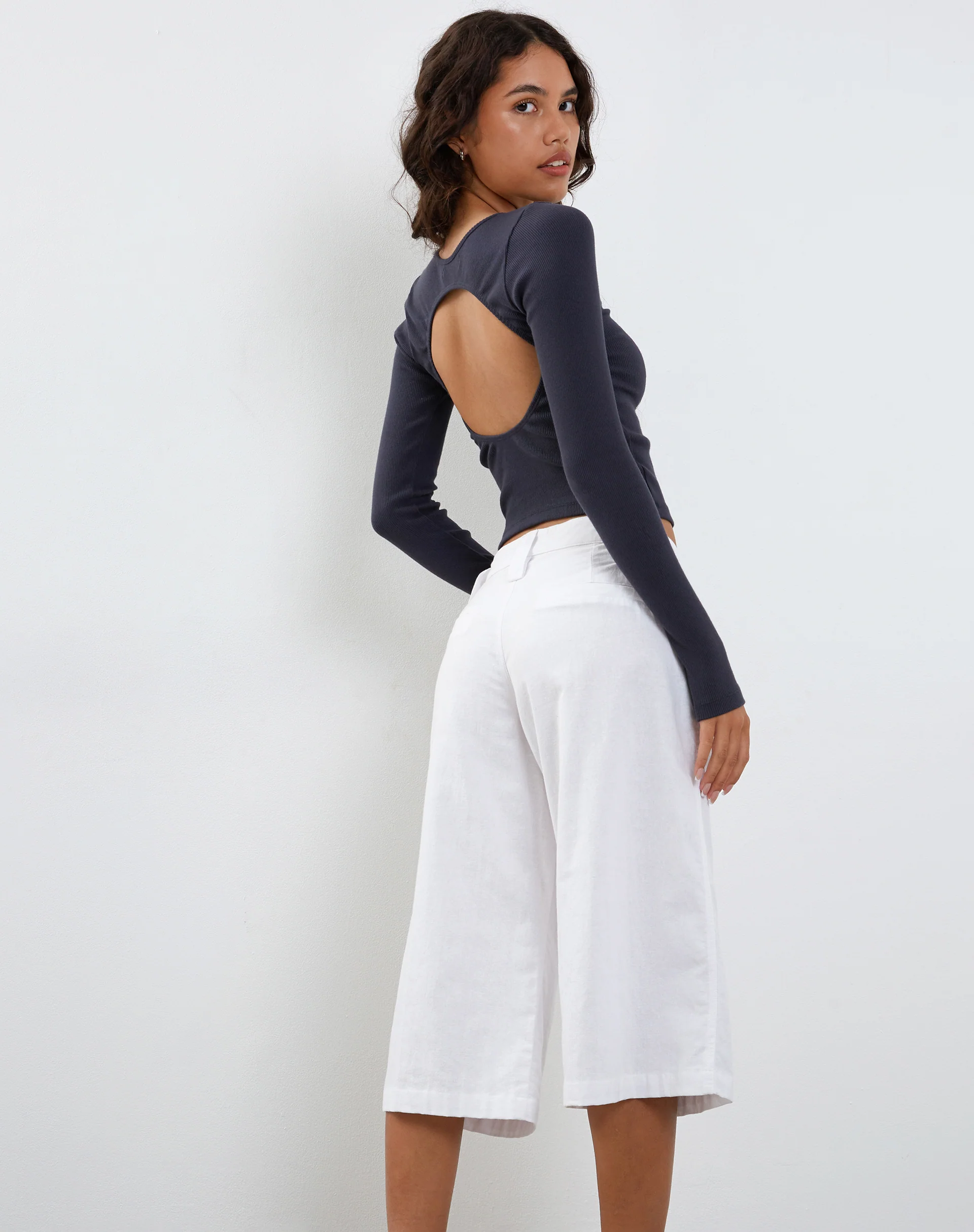 Gelbon Open Back Long Sleeve Top in Ribbed Ocean Storm - Image 3