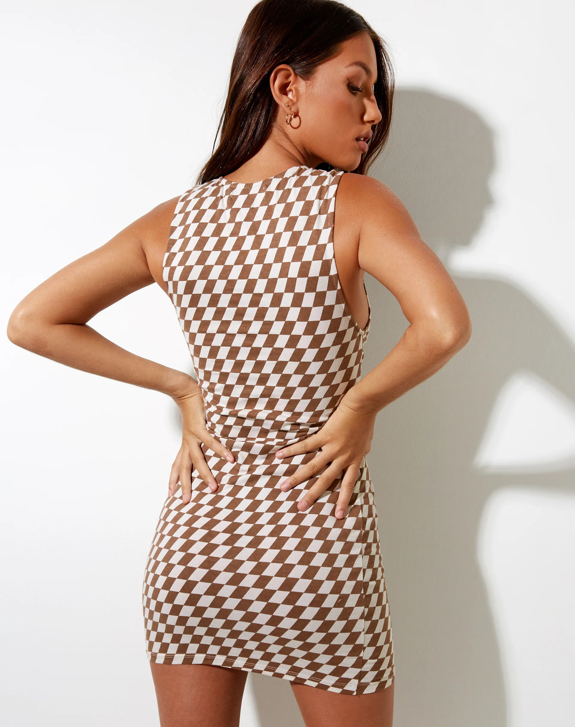 Gele Mini Dress in Diagonal Checker Tan and Ivory - Image 2