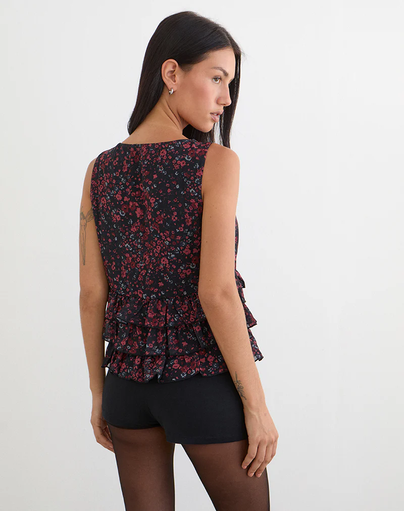 Gendhis Vest Top in Chiffon Scattered Floral Black and Red - Image 3