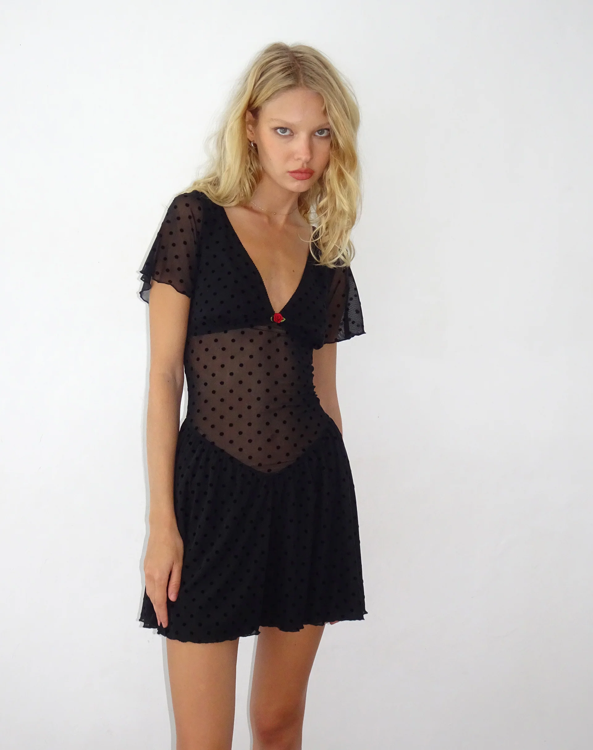 Geni Mini Dress in Polka Black Flock - Image 4