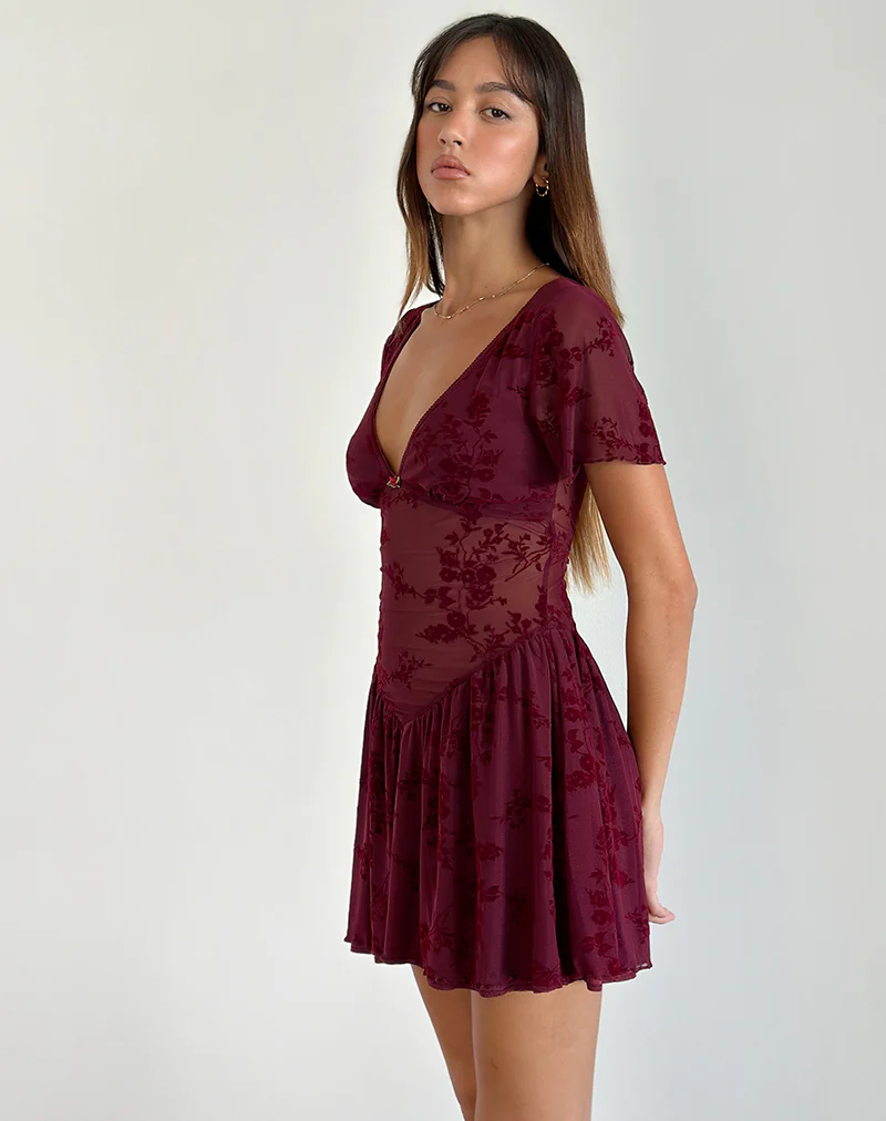 Geni Mini Dress in Botanical Flower Maroon - Image 4