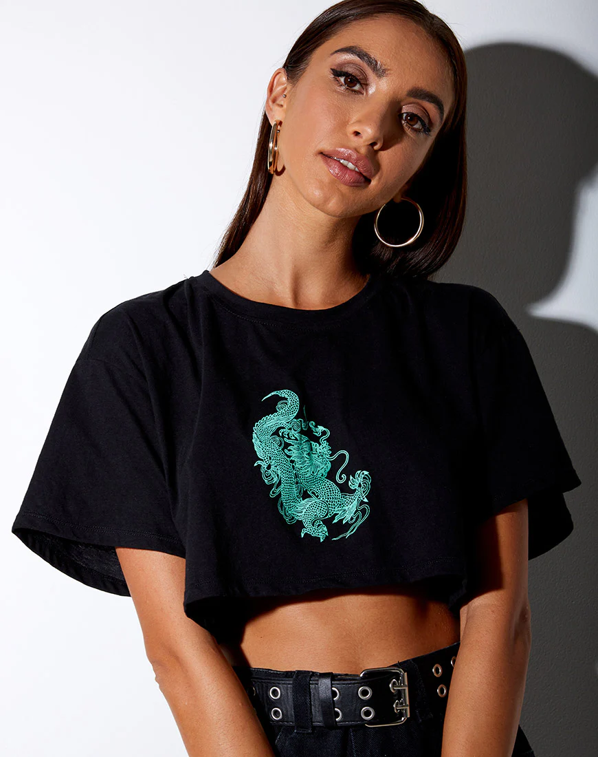 Georgi Cropped Tee in Black and Mint Dragon Placement - Image 4