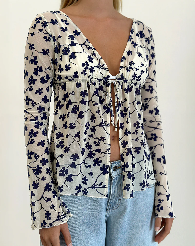 Gerbera Long Sleeve Top in Grunge Floral Flock Cream - Image 2