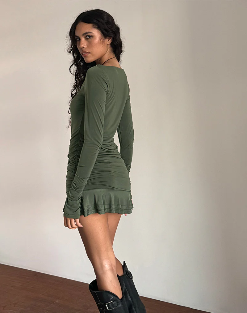 Gillian Long Sleeve Mini Dress in Slinky Khaki - Image 3