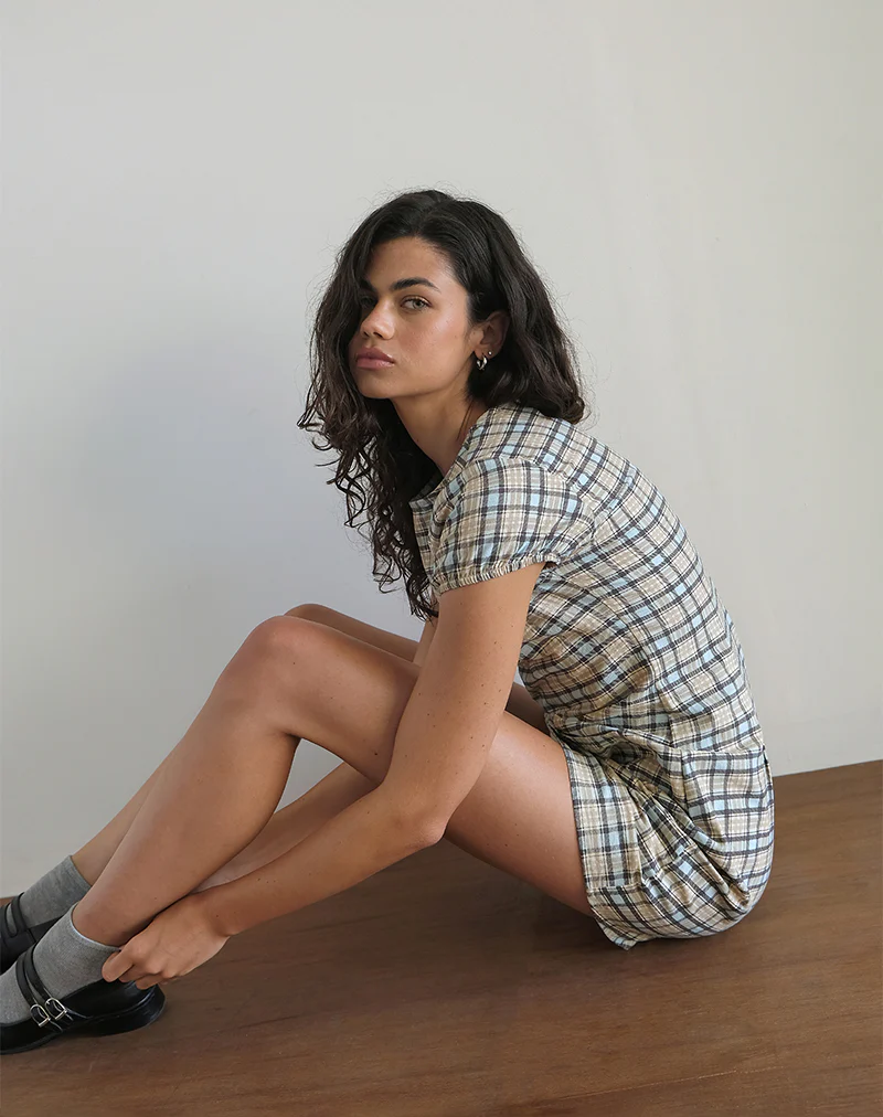 Gingka Mini Dress in Pastel Blue Tartan - Image 2