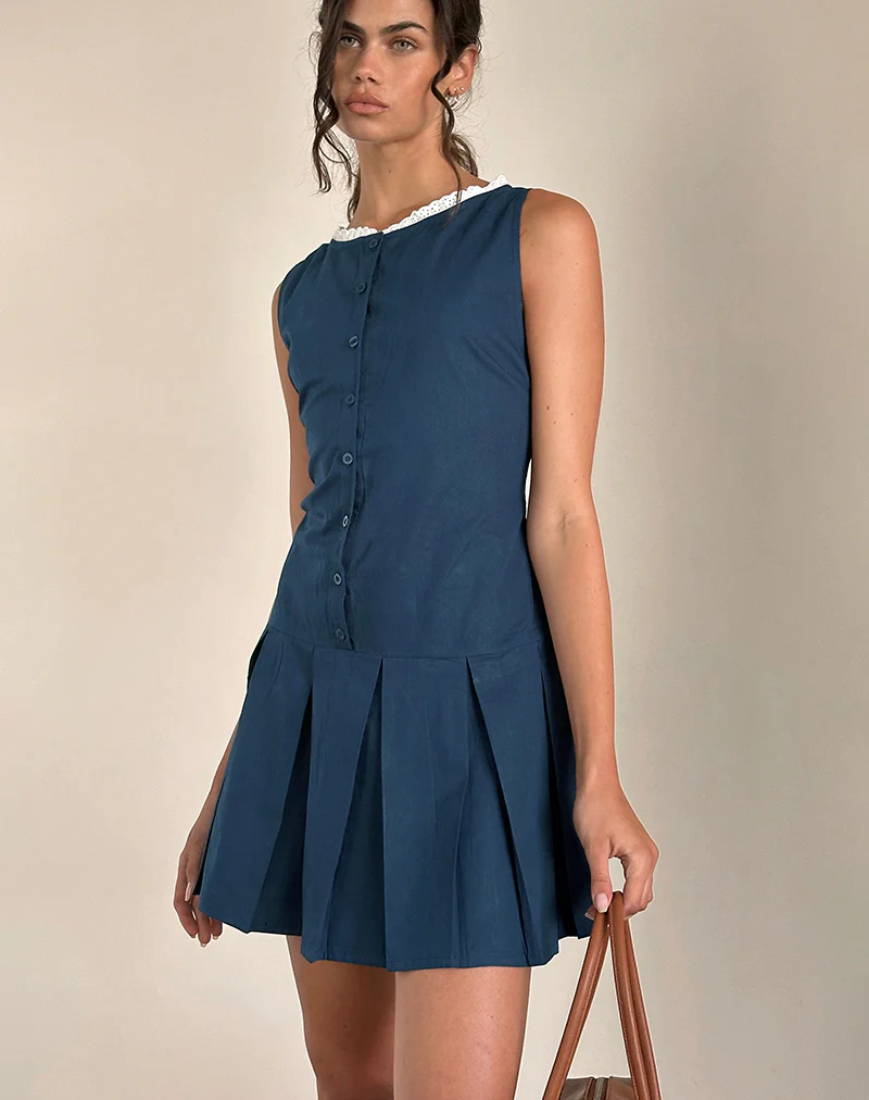 Gitas Button Mini Dress in Poplin Navy - Image 4