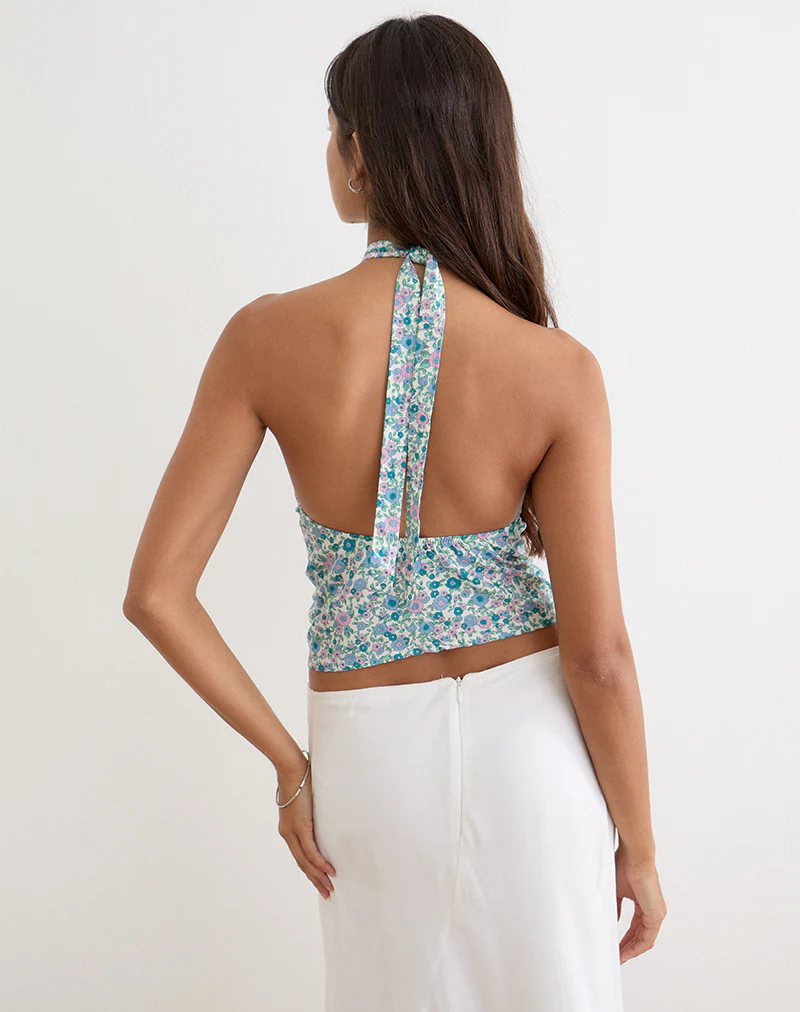 Giulia Knot Halterneck Top in Flower Power Blue - Image 2