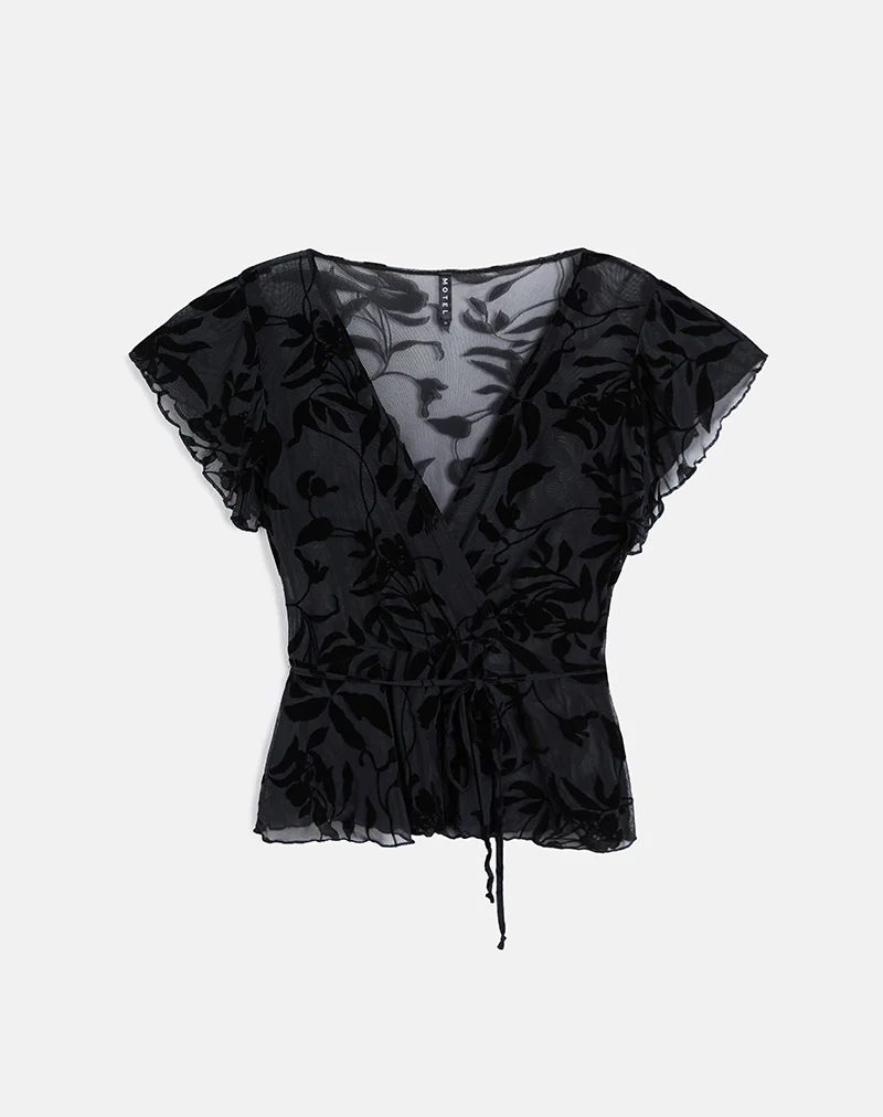 Giuliana Wrap Top in Flock Leaf Flower Black - Image 4