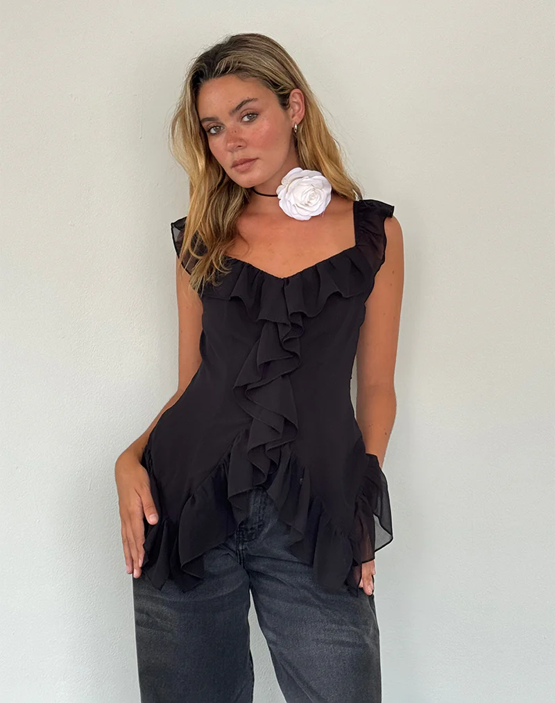 Glaiza Ruffle Cami Top in Black - Image 2