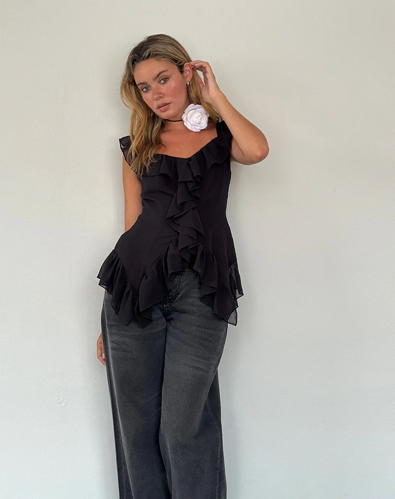 Glaiza Ruffle Cami Top in Black - Image 3
