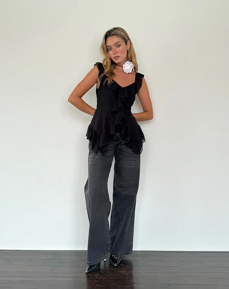 Glaiza Ruffle Cami Top in Black - Image 4