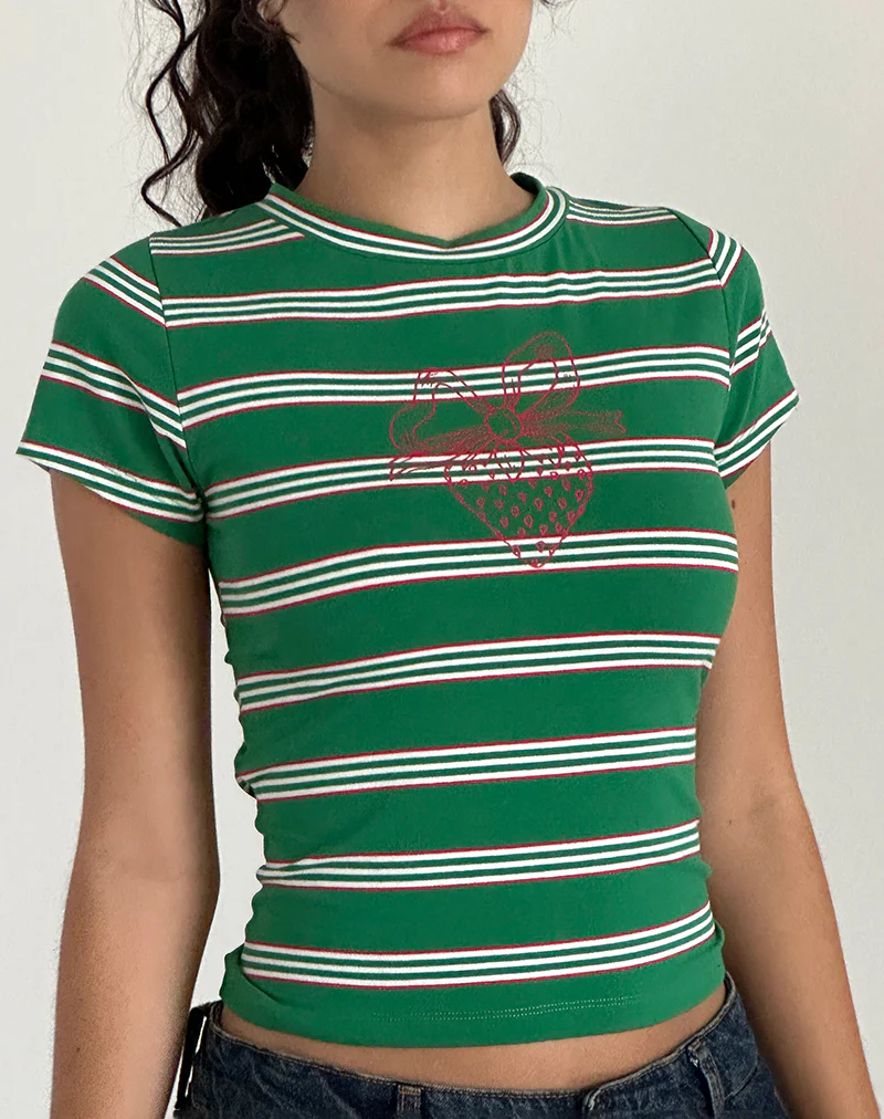Glenda Jersey Tee in Green and White Stripe with Strawberry Motif - Image 2