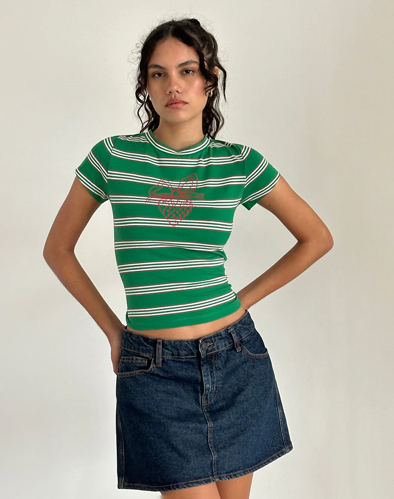 Glenda Jersey Tee in Green and White Stripe with Strawberry Motif - Image 3