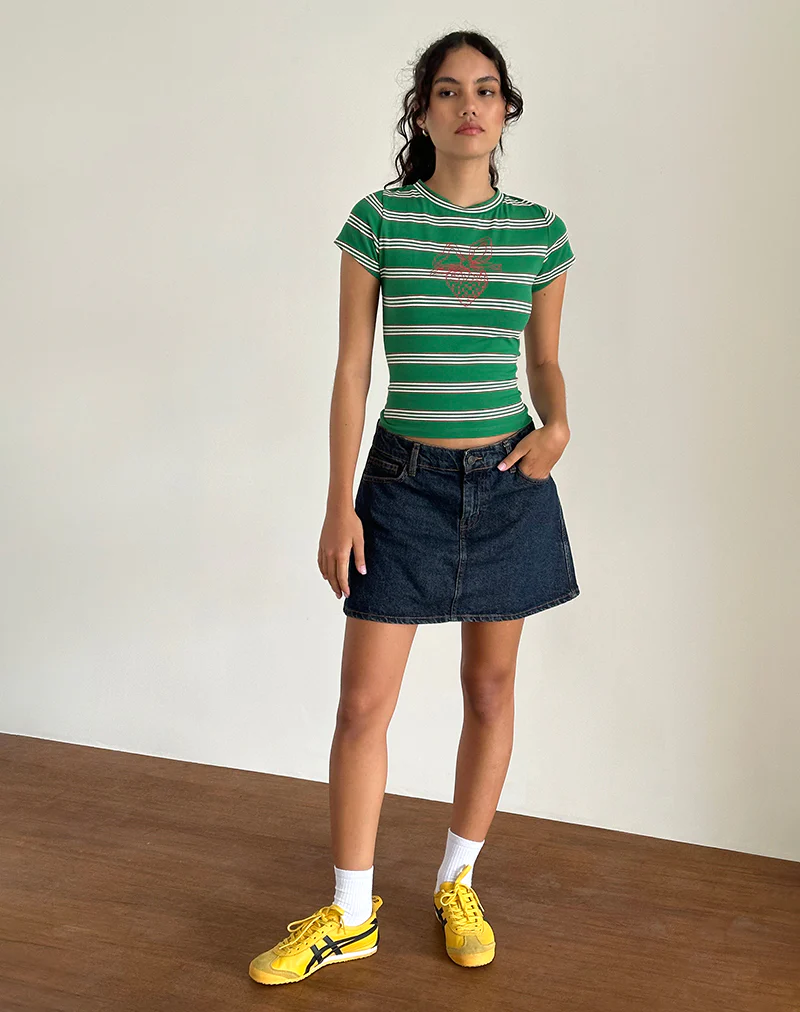 Glenda Jersey Tee in Green and White Stripe with Strawberry Motif - Image 4