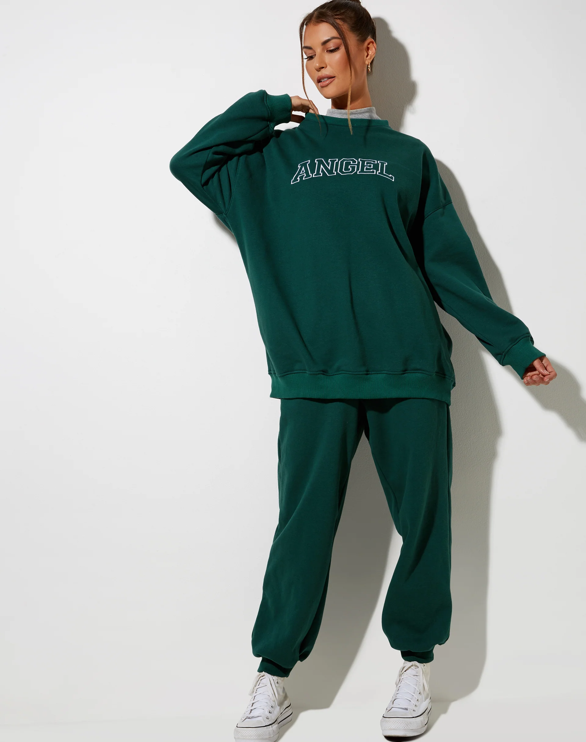 Glo Sweatshirt in Bottle Green with 'Angel' Embro in White - Image 3