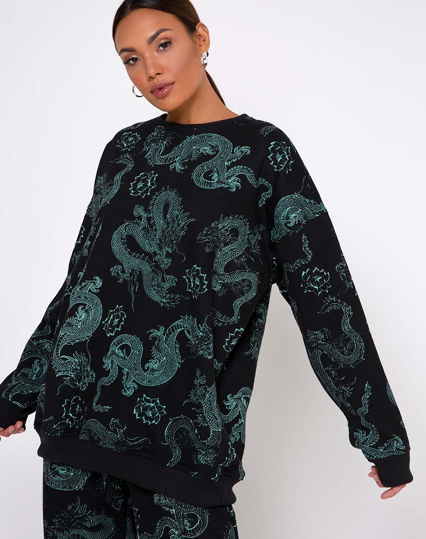 Glo Sweatshirt in Dragon Flower Black and Mint - Image 2