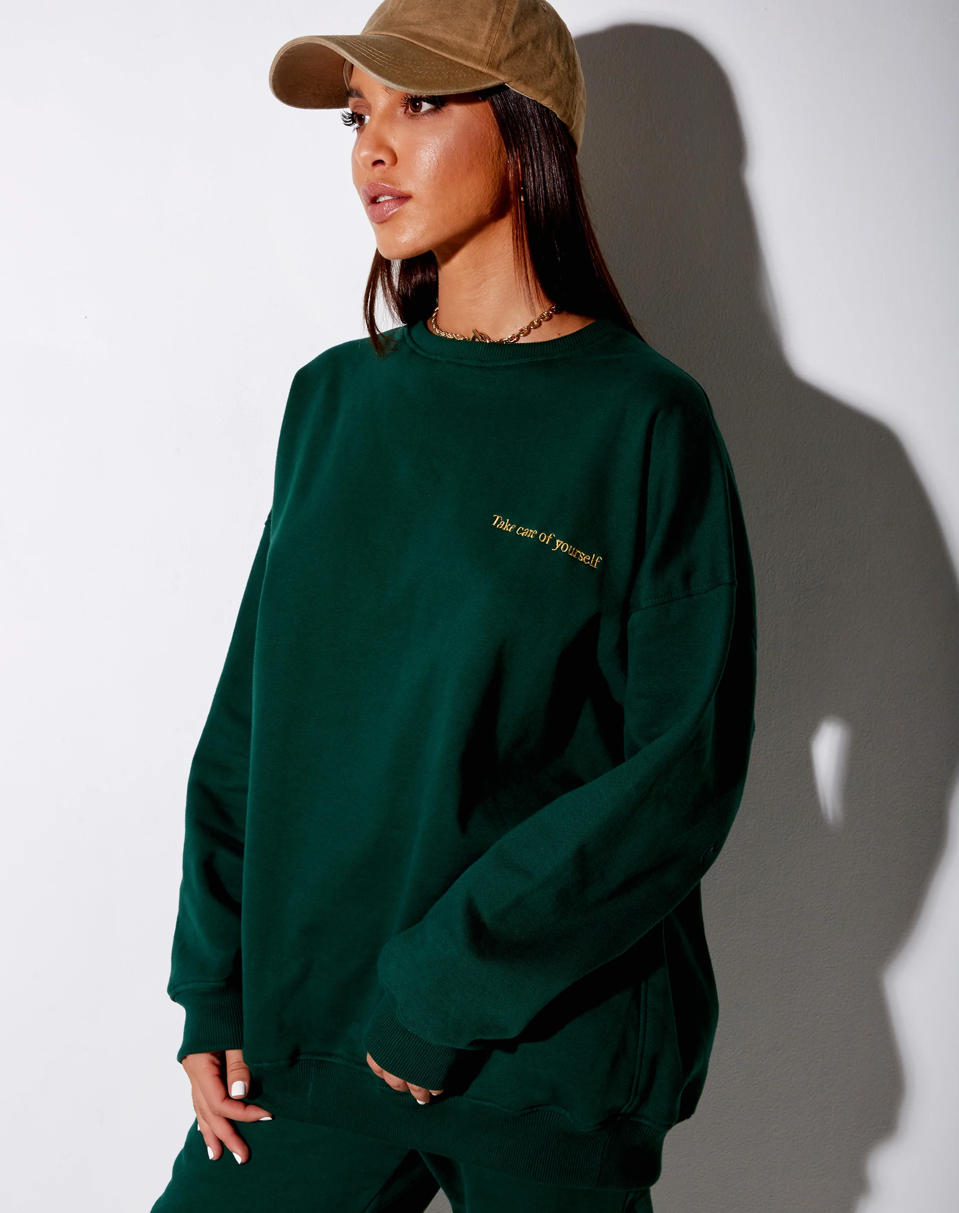 Glo Sweatshirt in Bottle Green with 'Take Care Of Yourself' Embro - Image 3