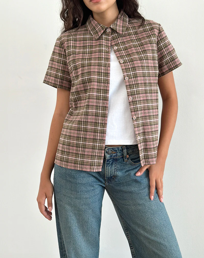 Gosanri Short Sleeve Shirt in Pink and Green Check - Image 2