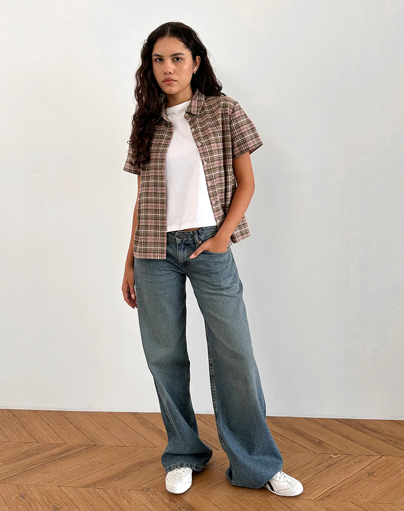 Gosanri Short Sleeve Shirt in Pink and Green Check - Image 4