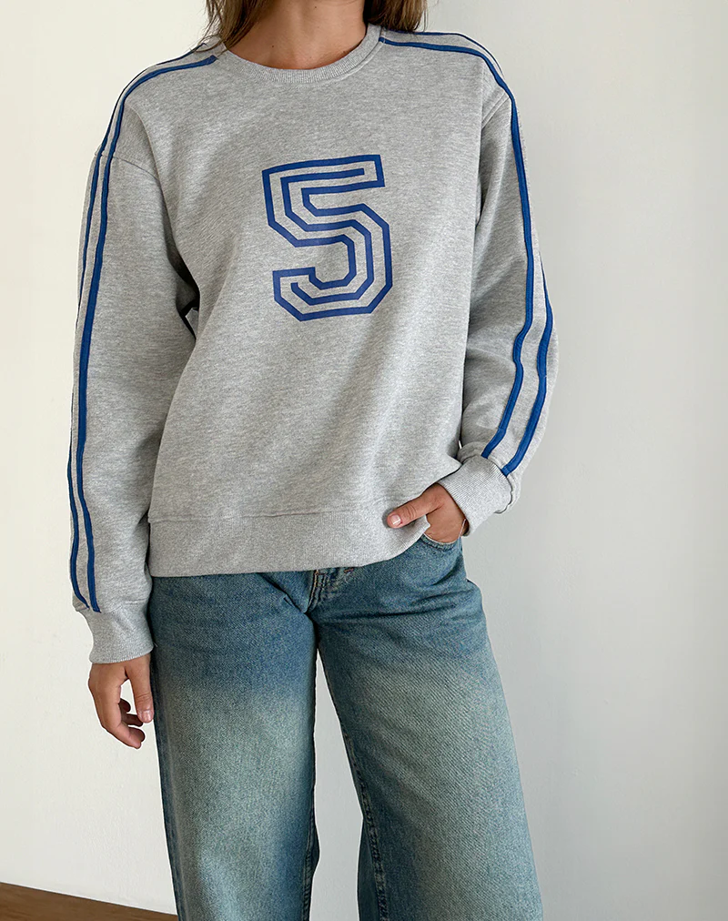 Govel Sweatshirt in Grey Marl with Cobalt Blue 5 Motif - Image 2