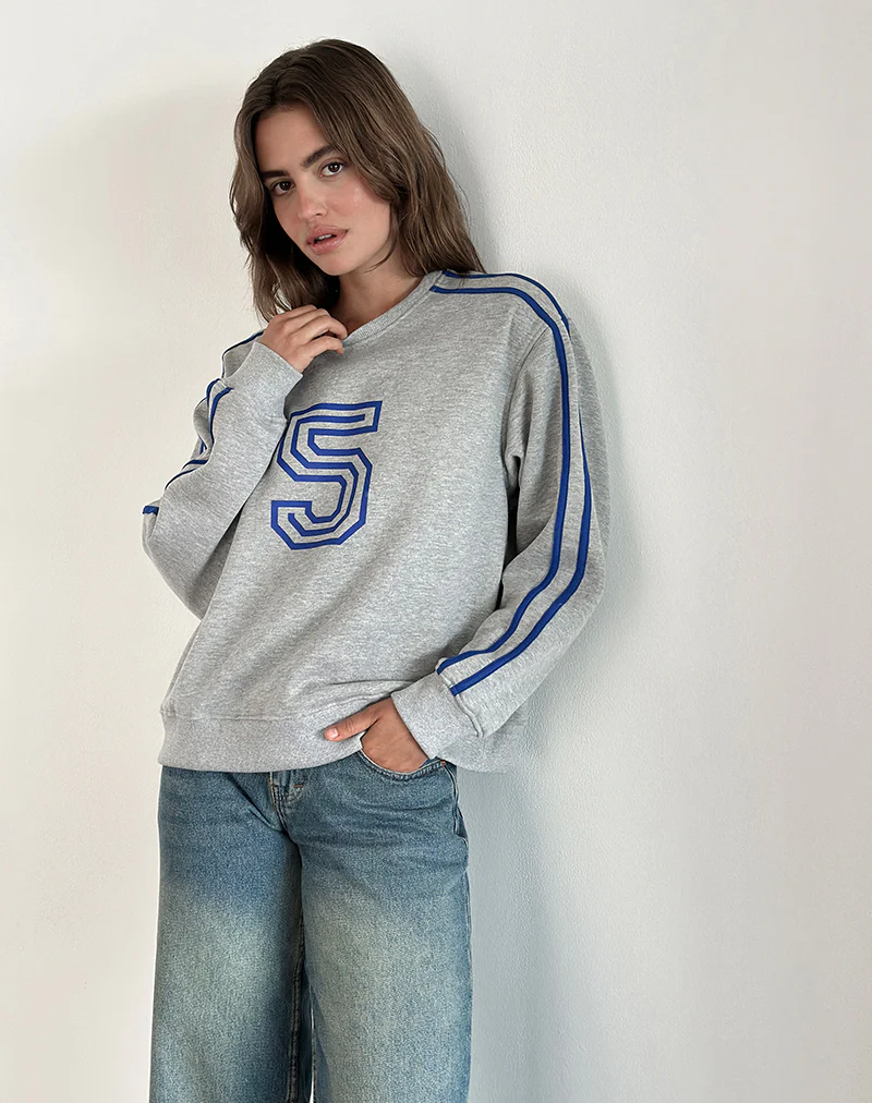 Govel Sweatshirt in Grey Marl with Cobalt Blue 5 Motif - Image 3