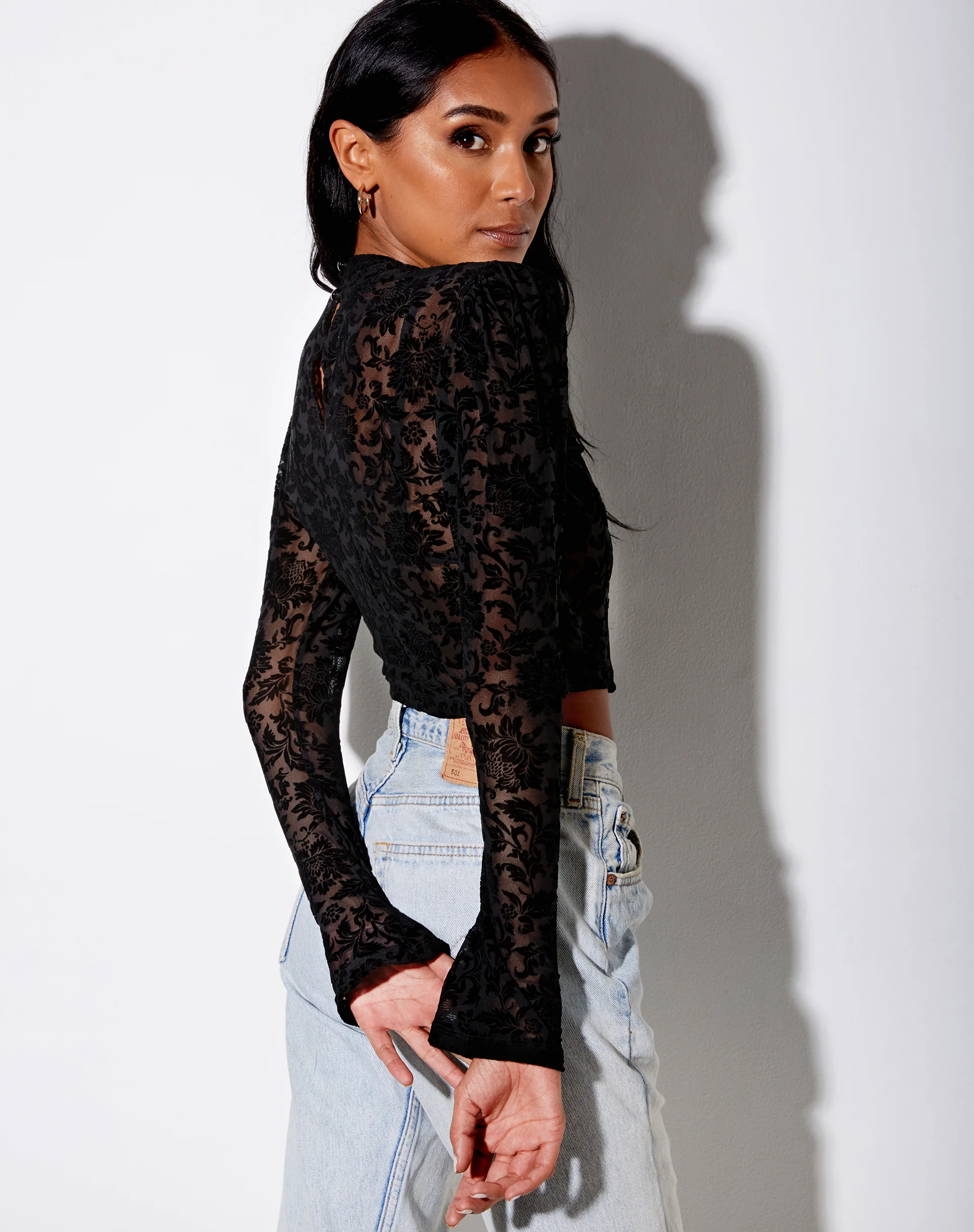 Gracy Crop Top in Brocade Rose Flock Black - Image 3