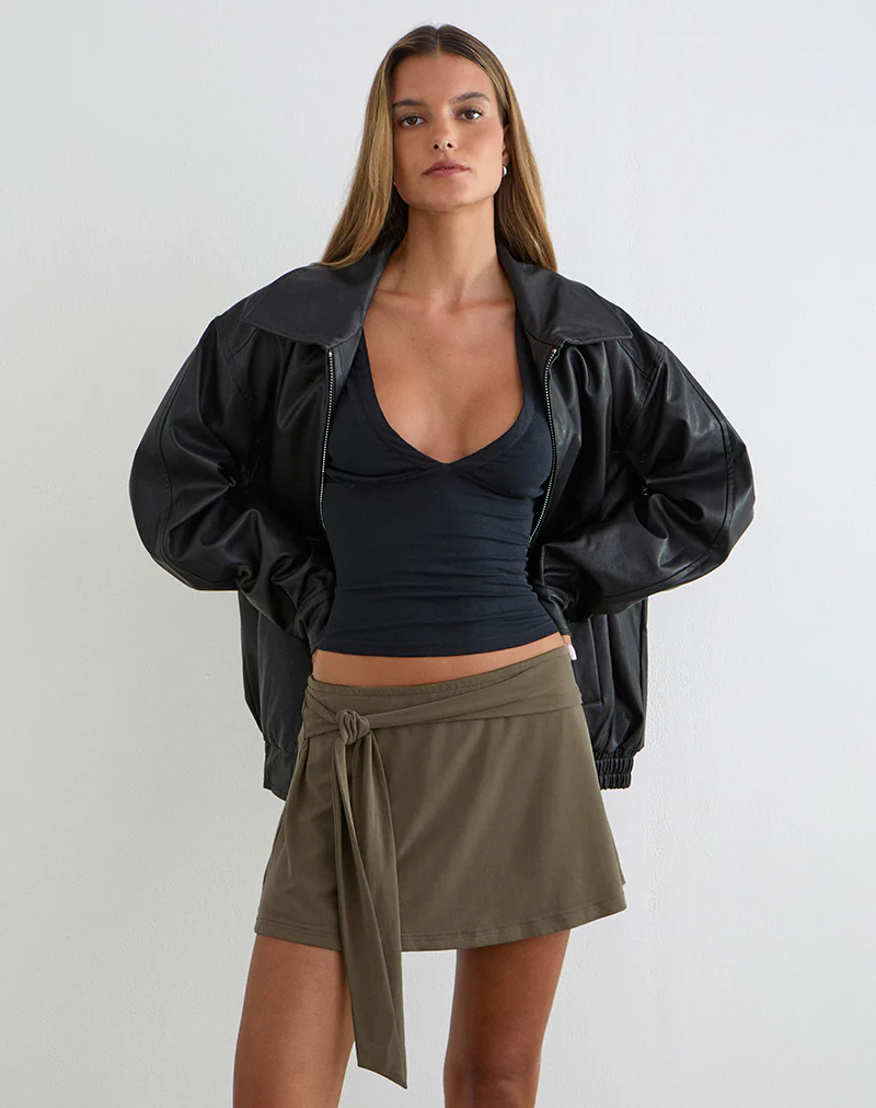 Grecia Tie Mini Skirt in Cupro Khaki - Image 3