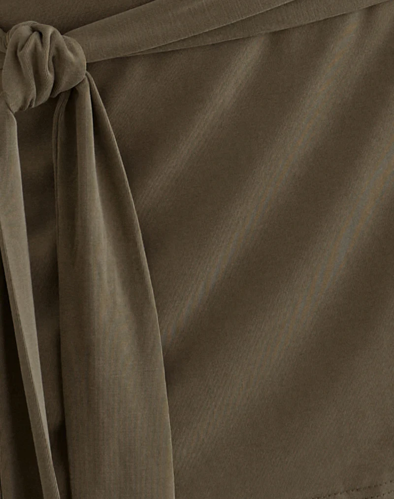 Grecia Tie Mini Skirt in Cupro Khaki - Image 6