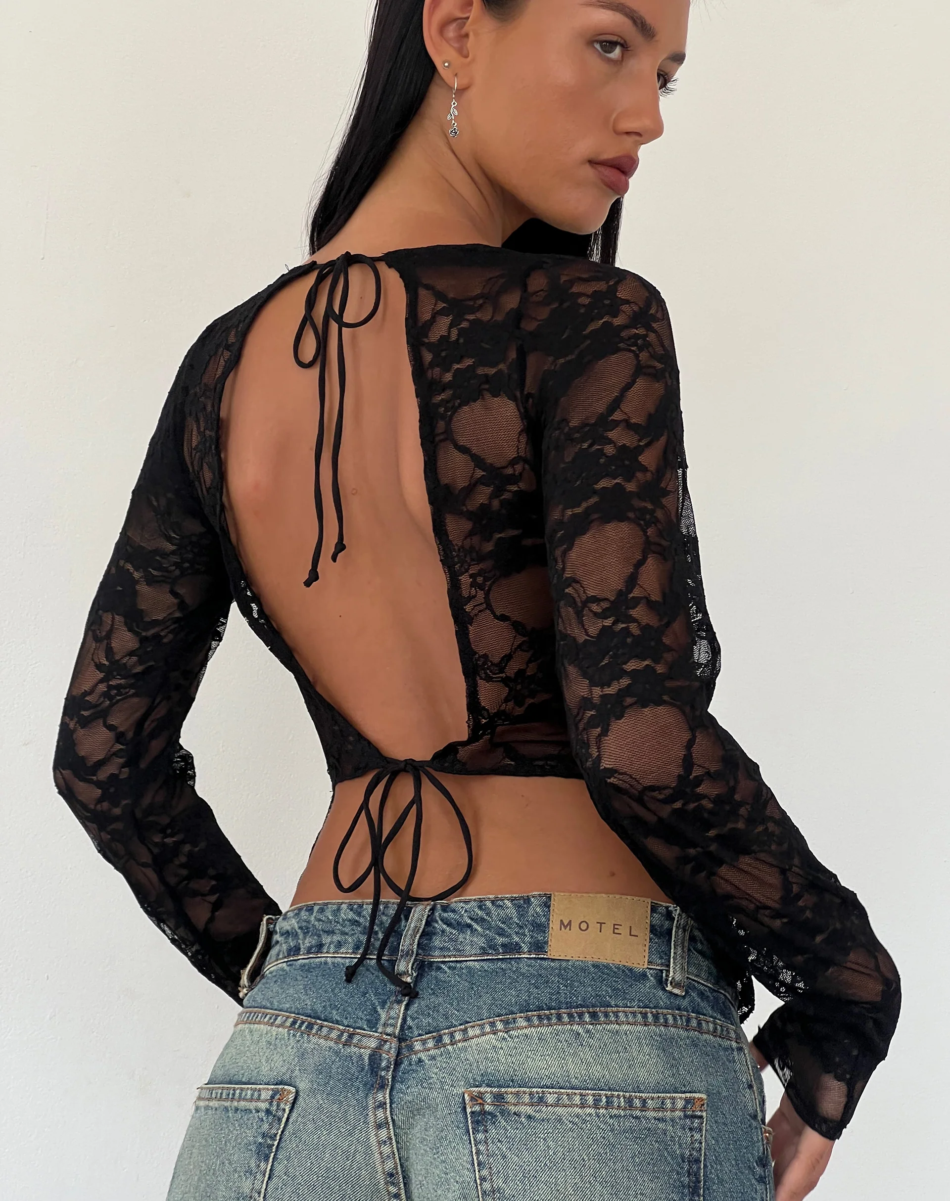 Grizelda Backless Long Sleeve Top in Black Abstract Lace - Image 4