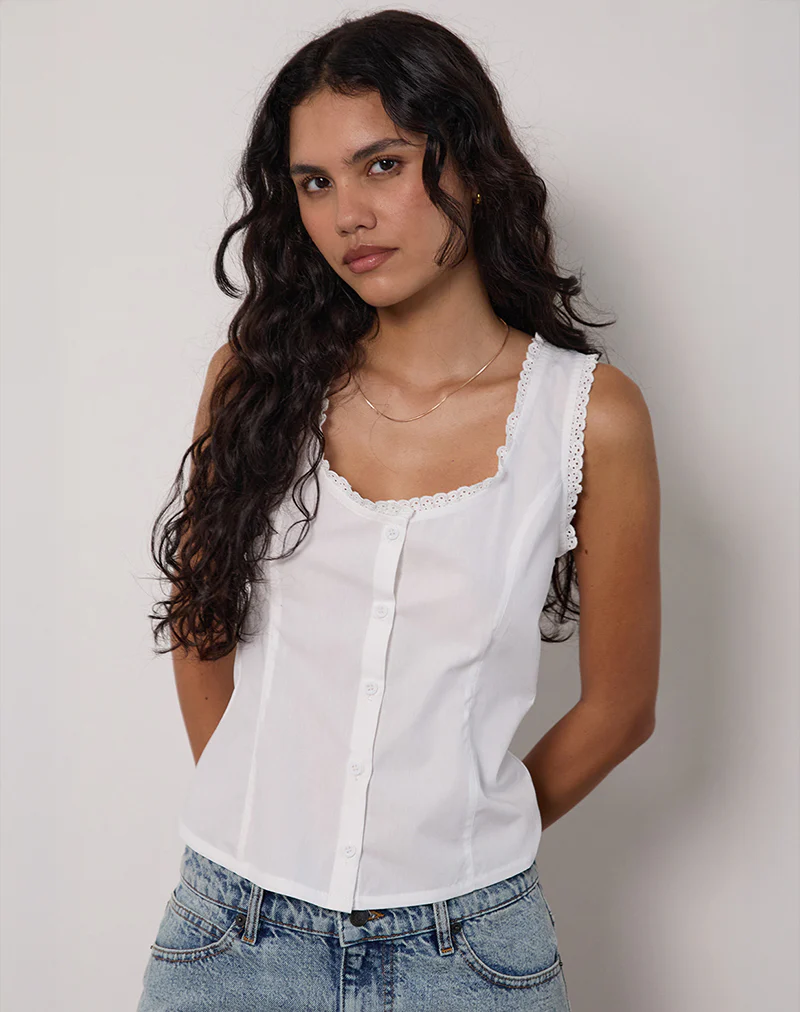 Gronita Top in Poplin White with Broderie Trim - Image 2