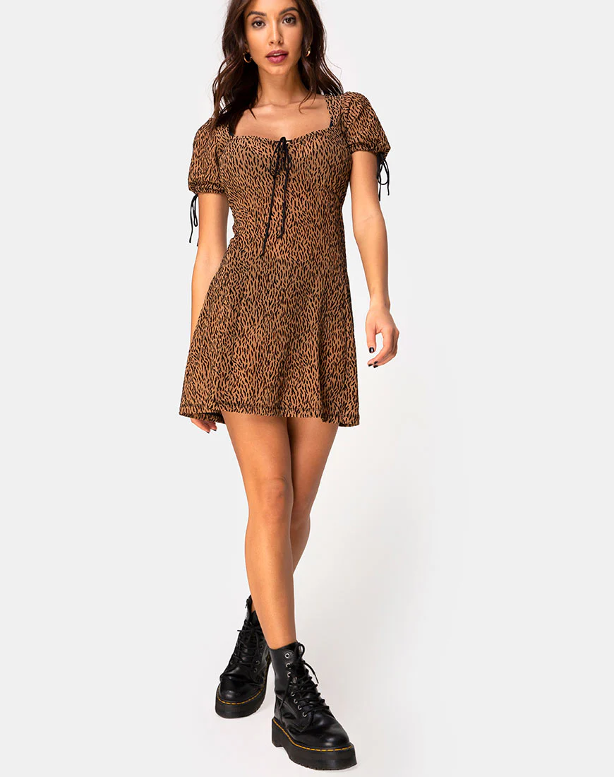 Guenette Dress in Animal Flock Tan Net - Image 3