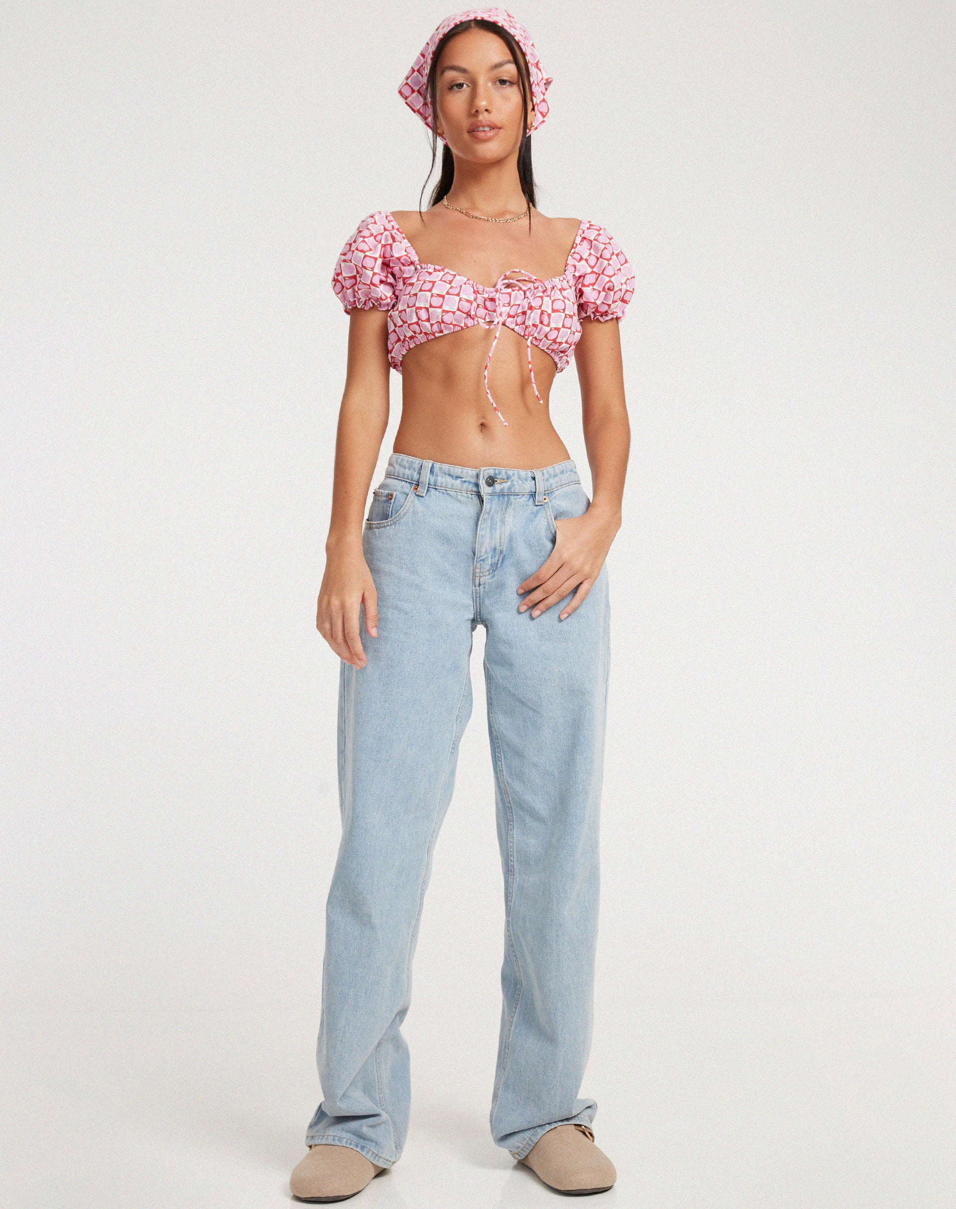 Haenji Crop Top in Apple Check Blush Red - Image 3