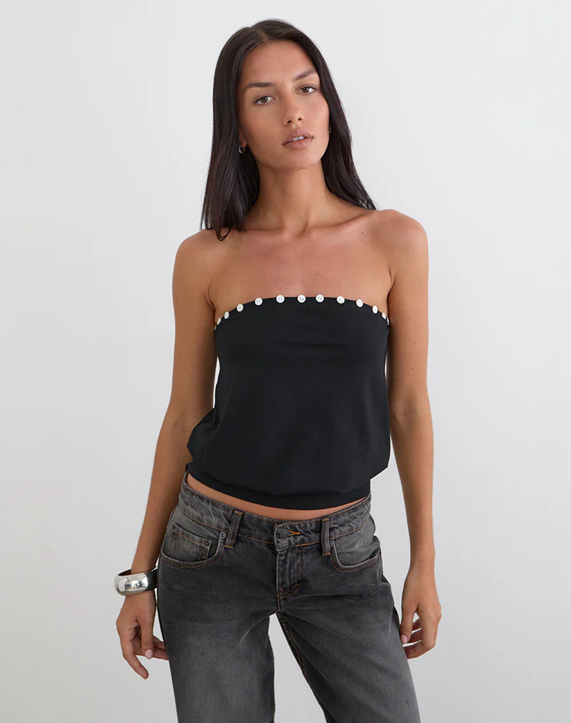 Hagar Top in Black with Pearl Button Trim - Image 5