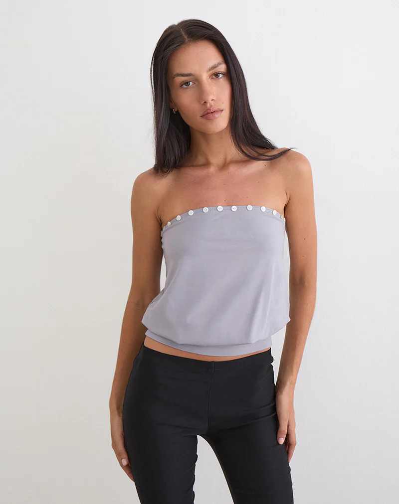Hagar Top in Lilac Grey with Pearl Button Trim - Image 4