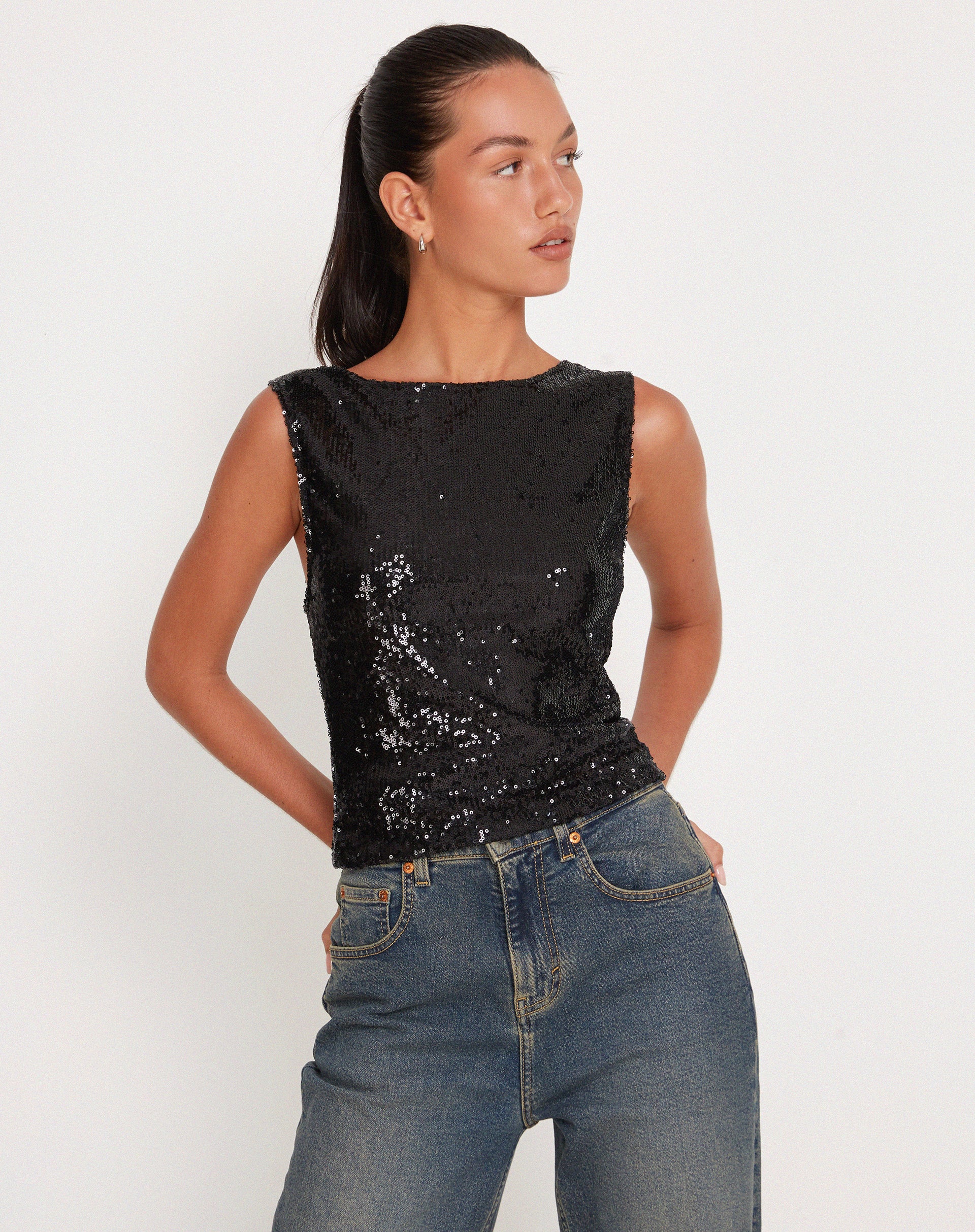 Hala Crop Vest Top in Black Sequin - Image 4