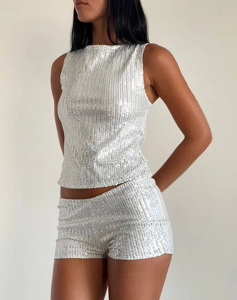 Hala Top in Silver Chrome Drape Mini Sequin - Image 3