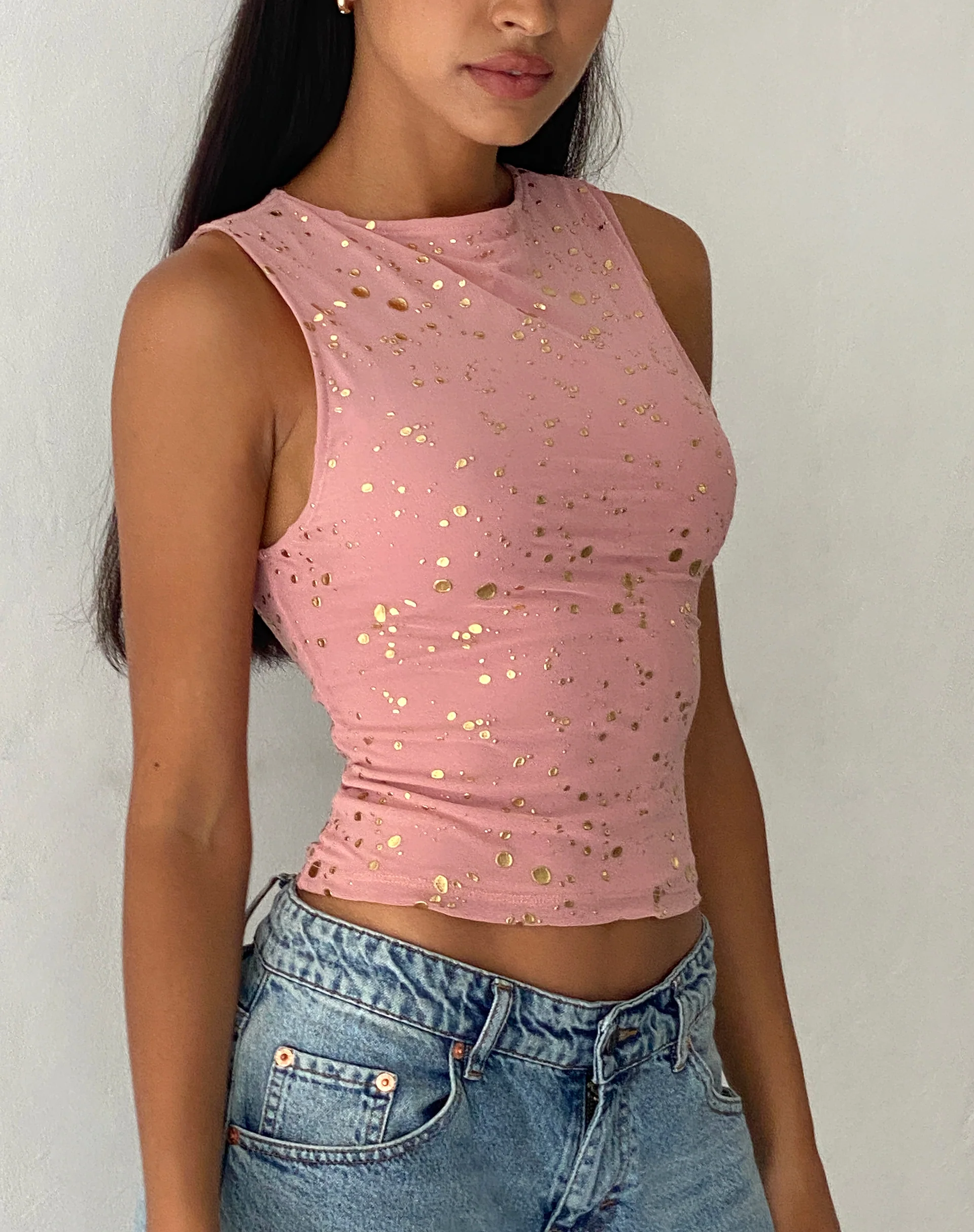 Hala Vest Top in Pink with Rose Gold Foil - Image 2