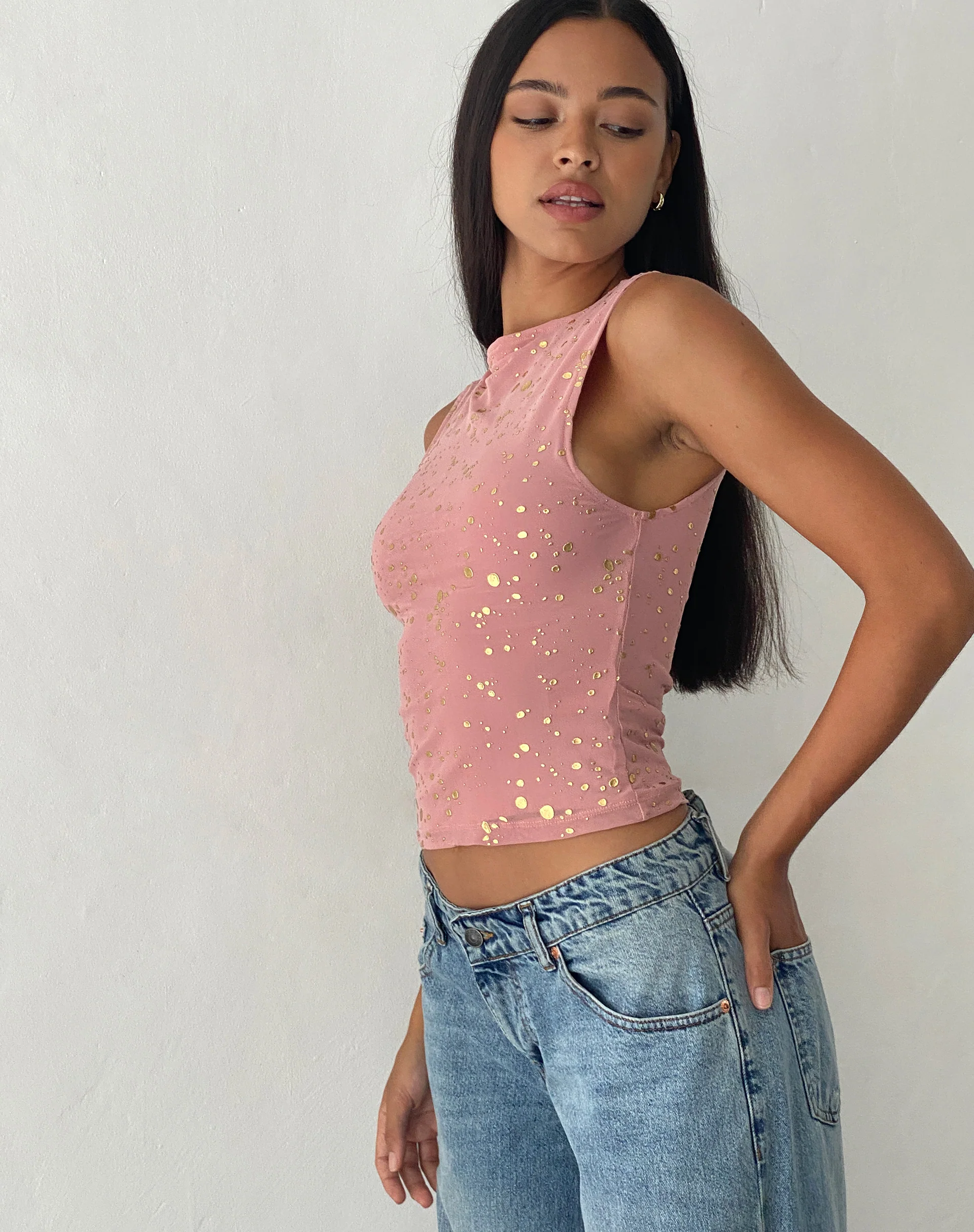 Hala Vest Top in Pink with Rose Gold Foil - Image 3