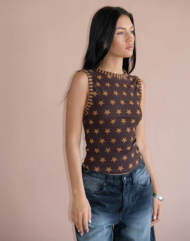 Haleen Top in Brown Star Stripe with Binding - Image 3