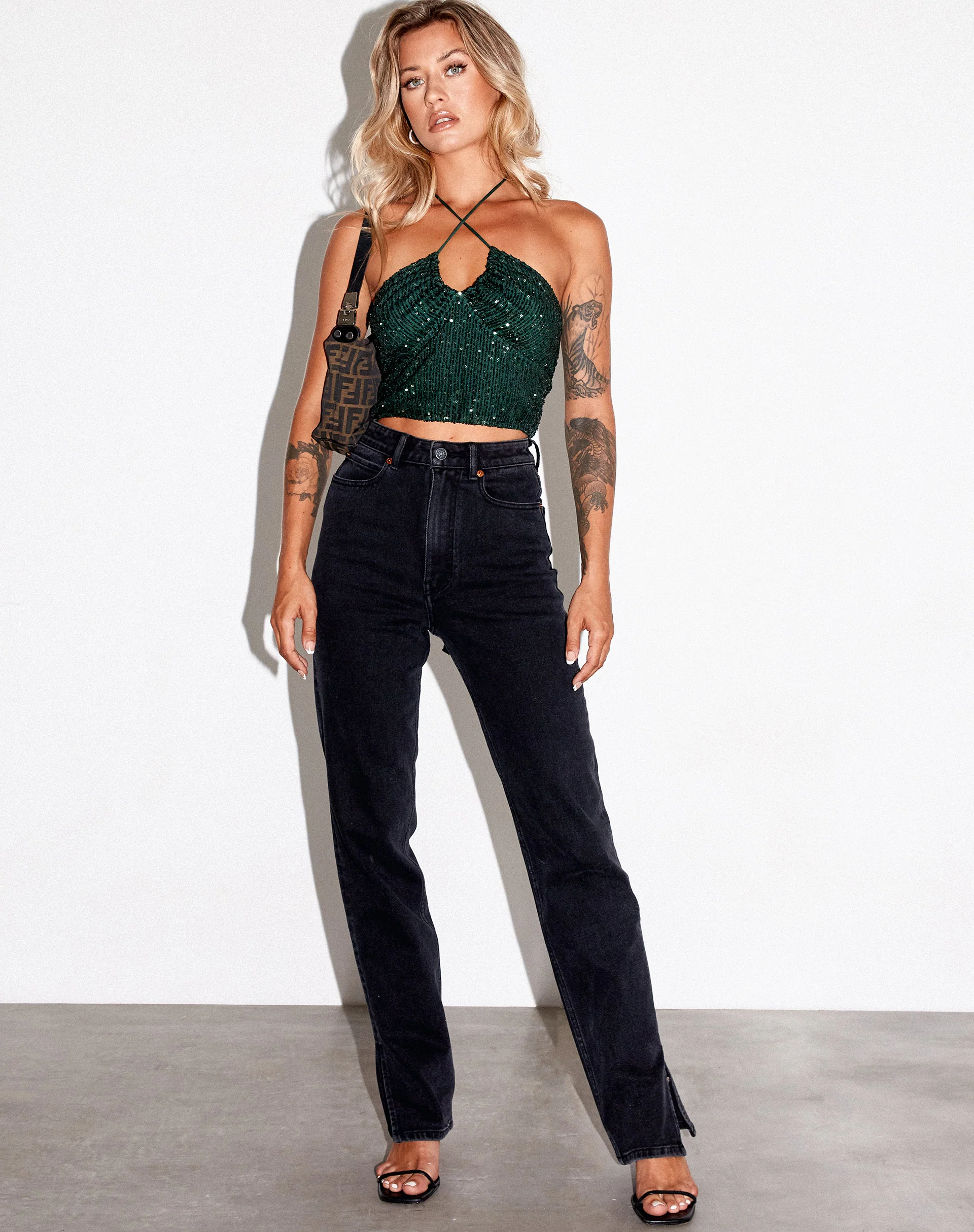 Haltri Crop Top in Drape Sequin Forest Green - Image 3