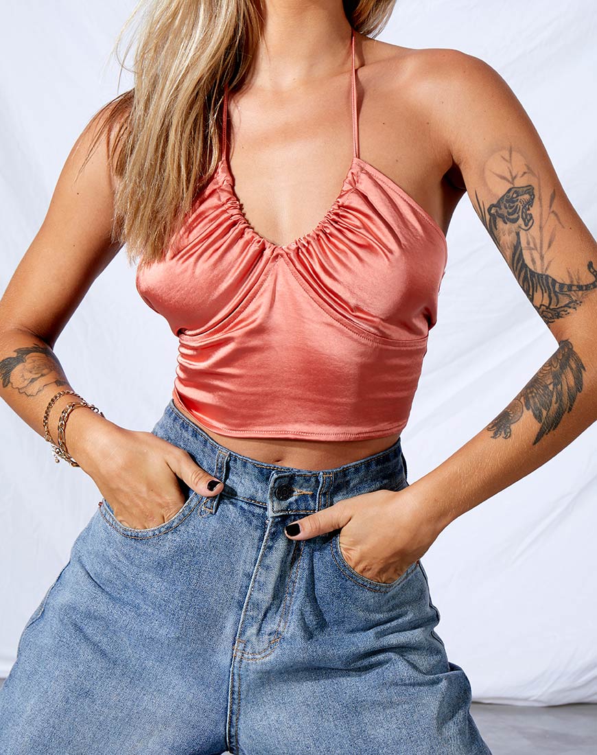 Haltri Crop Top in Satin Coral - Image 3