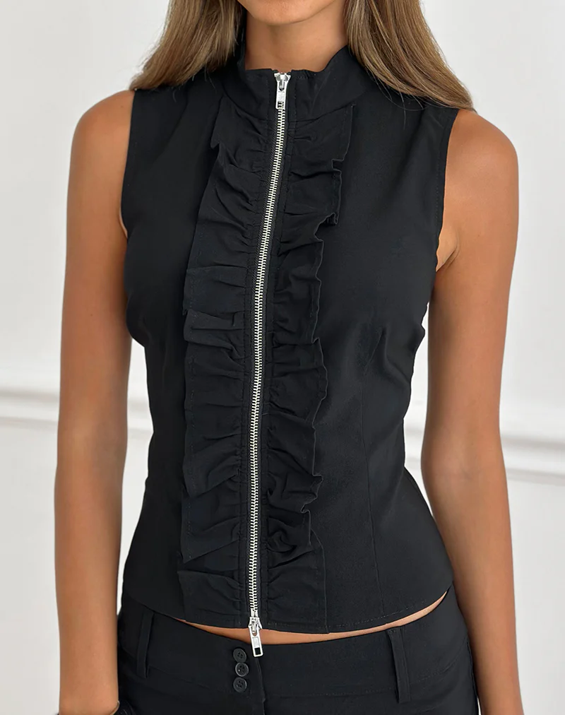 Hanae Zip Frill Top in Tailoring Black - Image 2