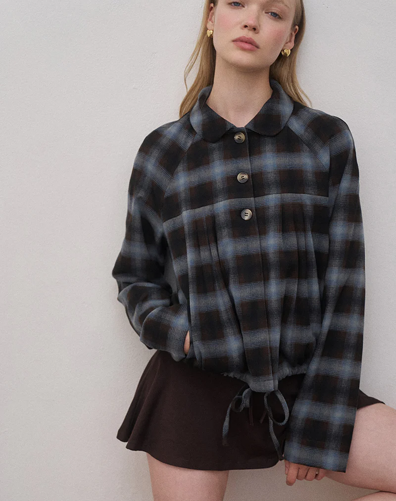 Harana Collar Jacket in Blue and Brown Check - Image 3
