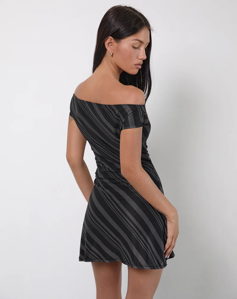 Hari Mini Dress in Irregular Stripe Grey Black - Image 3