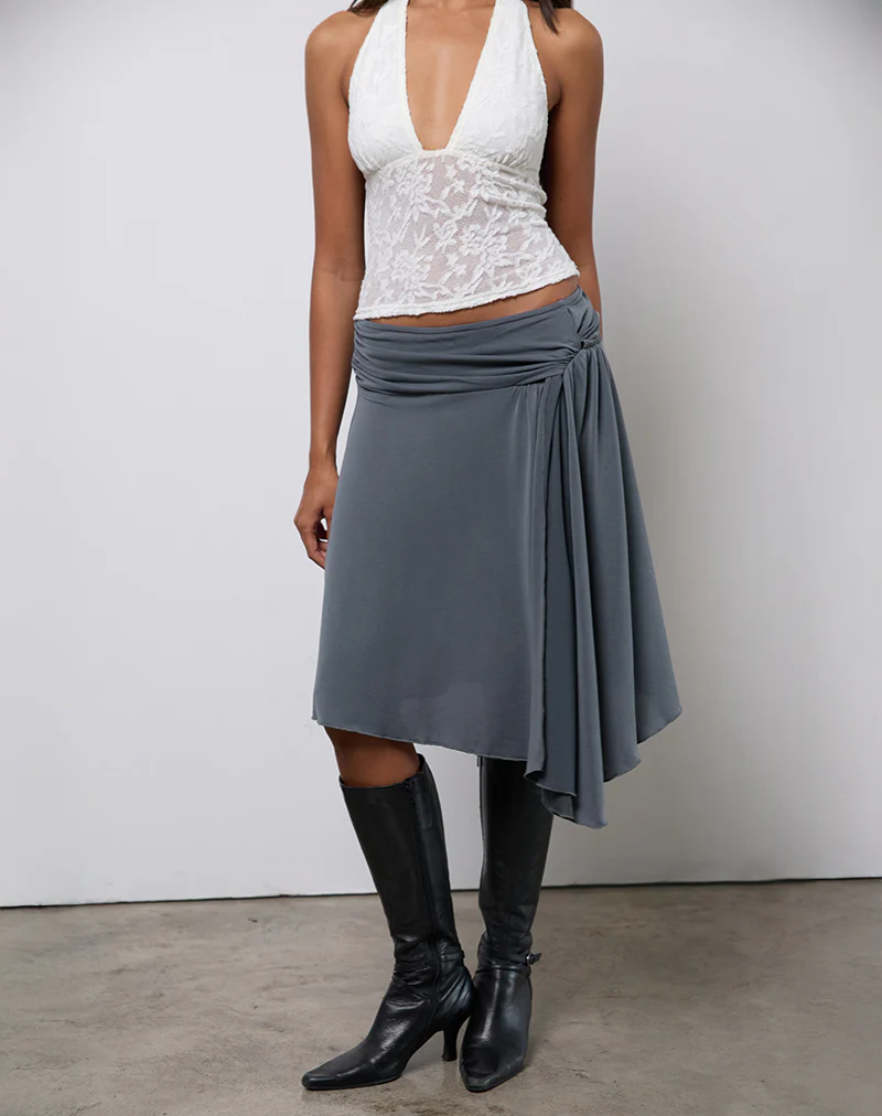Harlan Asymmetric Midi Skirt in Cupro Grey