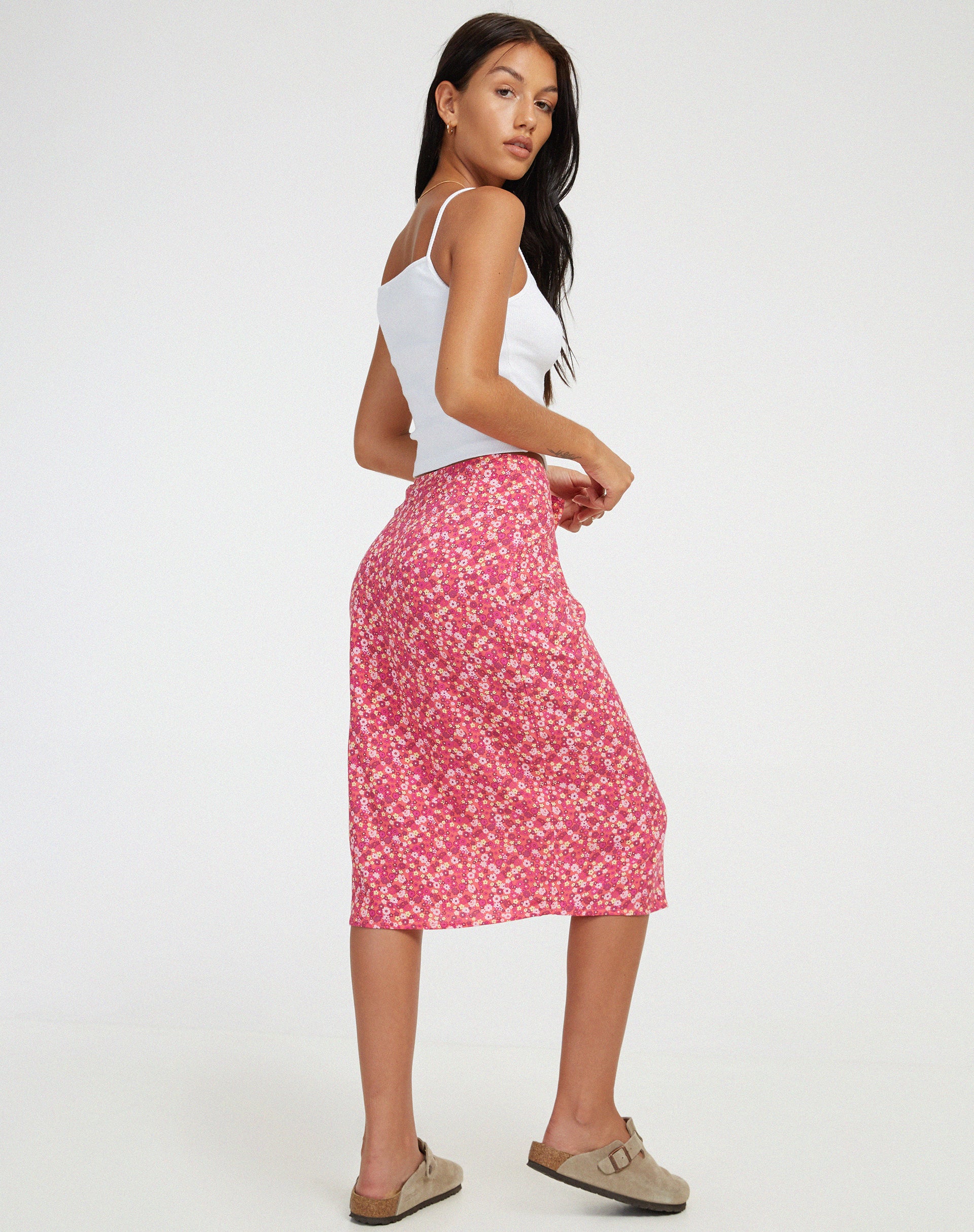 Harriet Midi Skirt in Ditsy Floral Pink - Image 2