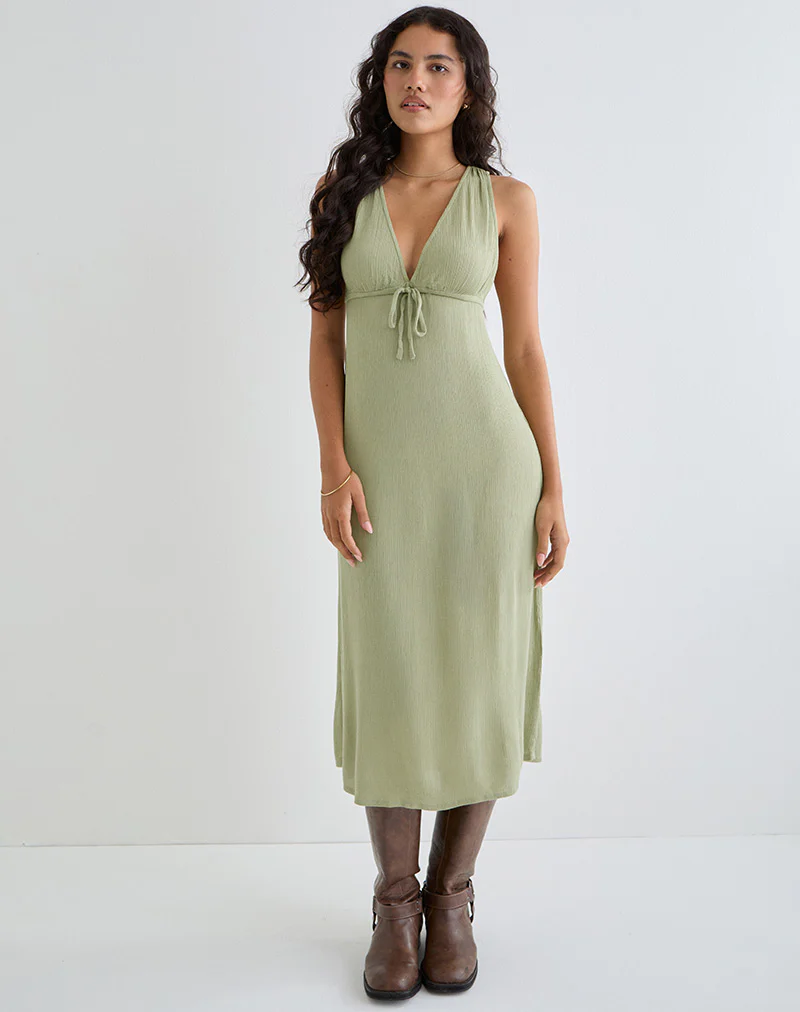 Havisla Tie Front Midi Dress in Sage Green - Image 4