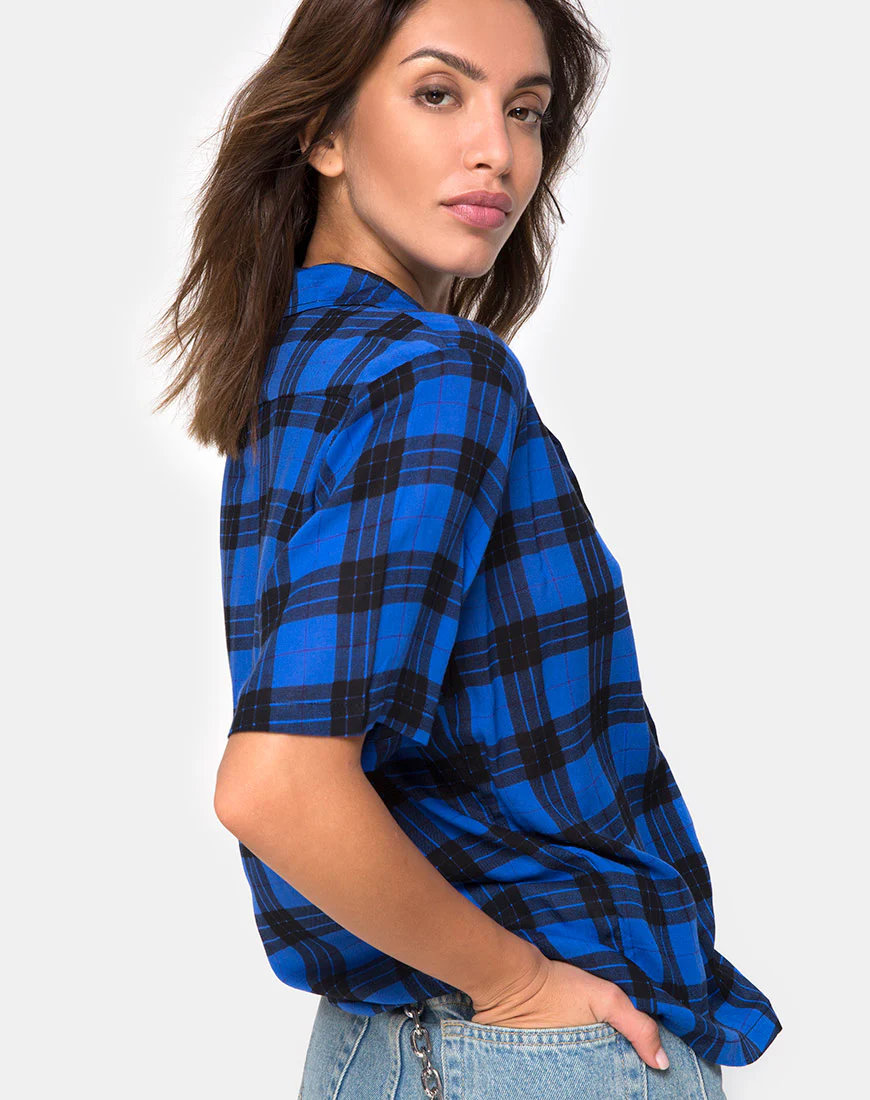 Hawaiian Oversized Shirt in Tartan Blue - Image 2